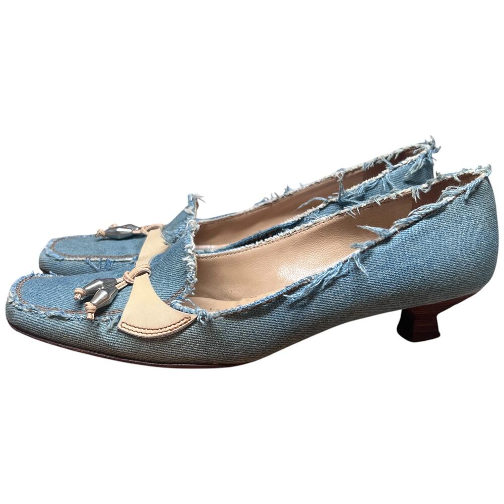 SEBASTIAN Milano Women's 39.5/US 9-9.5 Blue Jean Kitten Heels Denim Shoes Italy